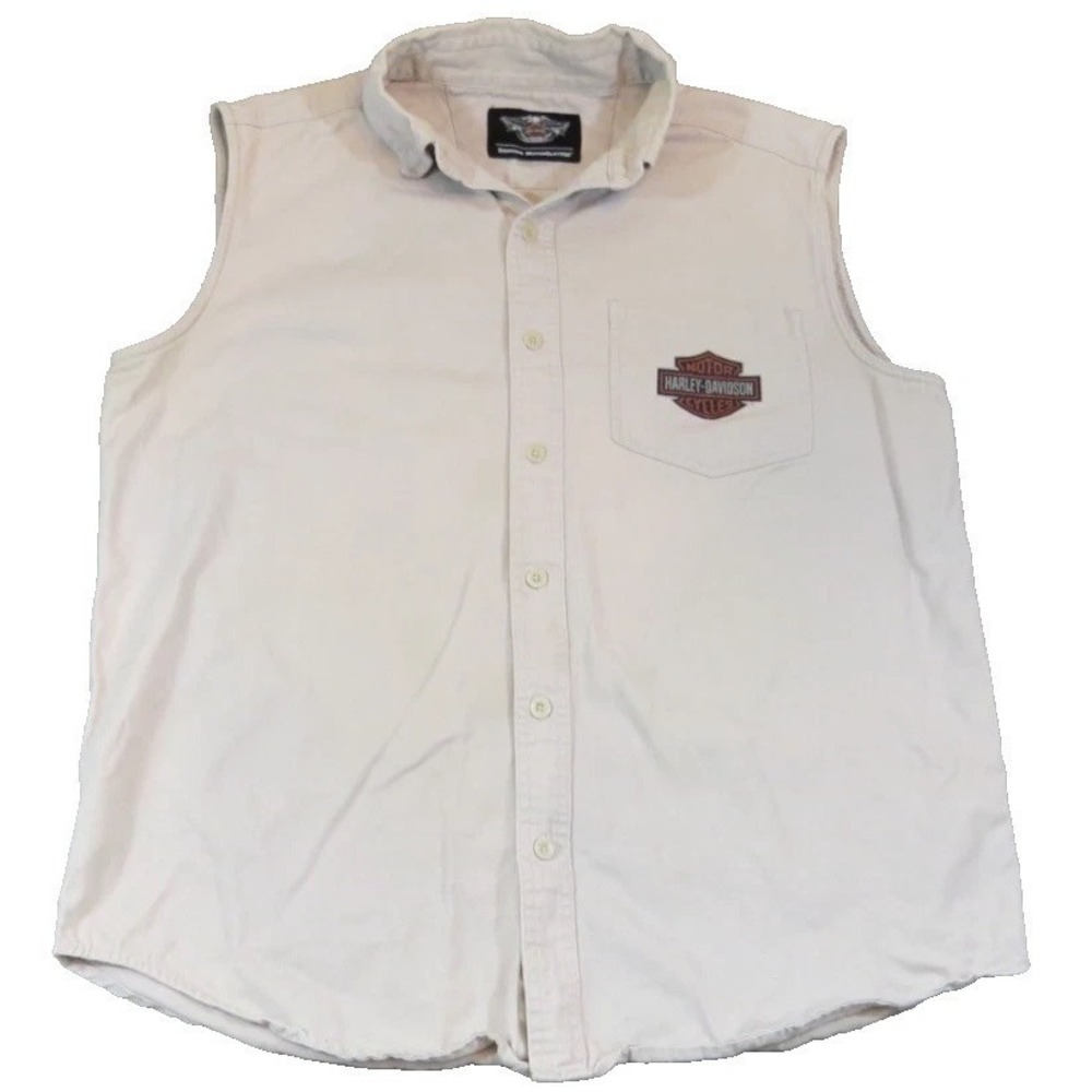 Harley-Davidson Men Large Tan Cotton Canvas Sleeveless Button Down Shirt Vintage